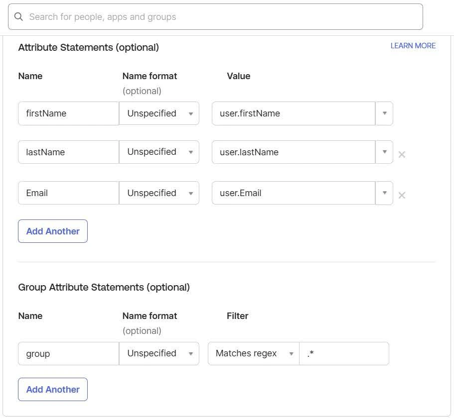 The Attribute Mapping section inside the Configure SAML steps of SAML Integration creation process