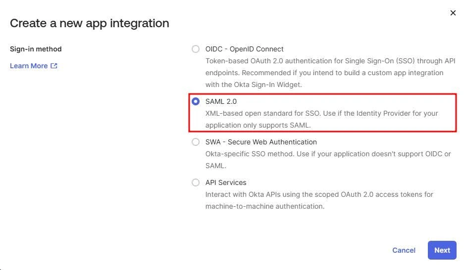 Create a new app integration prompt with the option for SAML 2.0 selected and highlighted