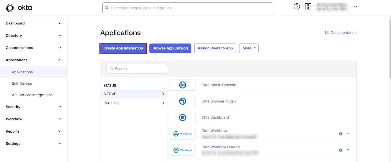  The Applications tab inside Okta Admin Console with the Create App Integration button highlighted