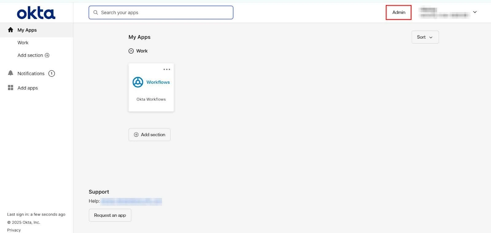 Okta dashboard with the Admin Console button highlighted