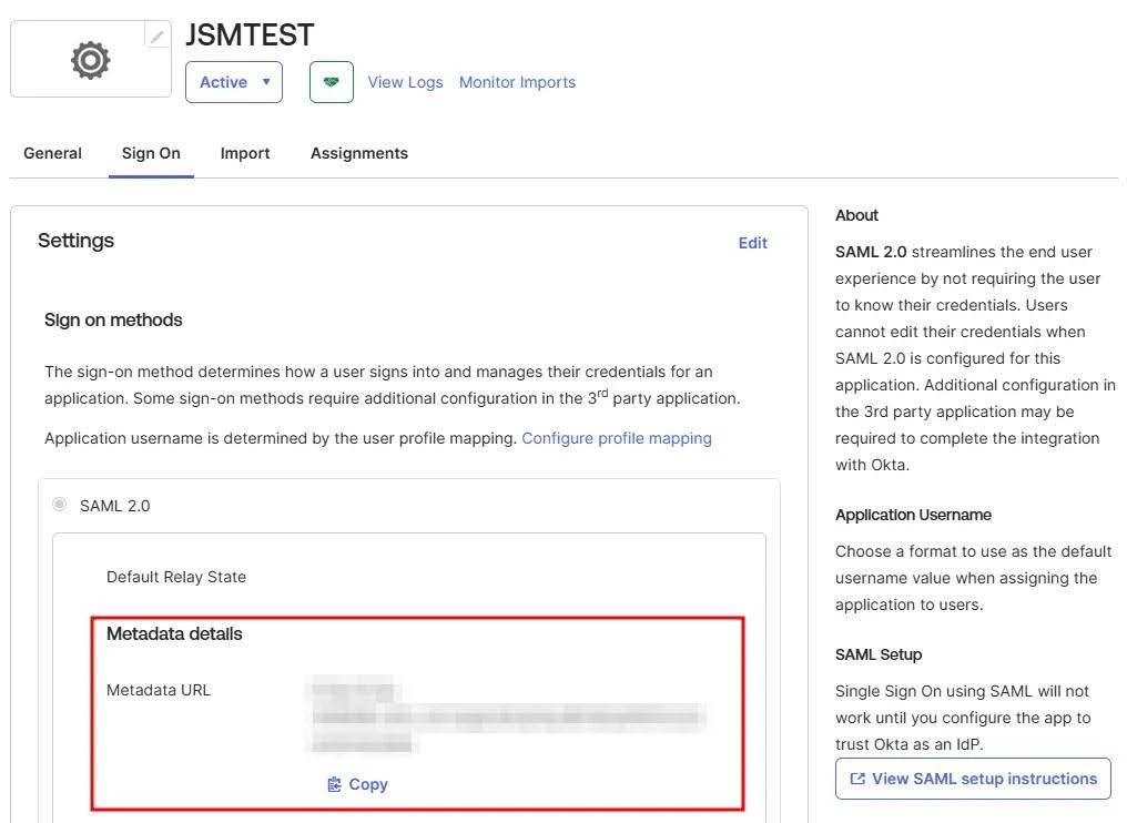 Sign On tab inside the newly created SAML integration with the Metadata URL highlighted