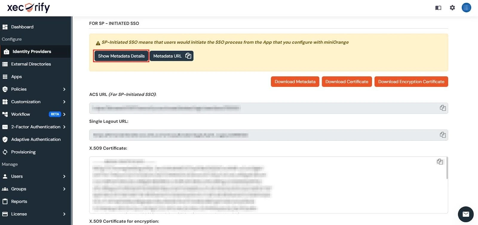 The Service Provider section inside miniOrange Admin Dashboard with the Show Metadata Details button highlighted