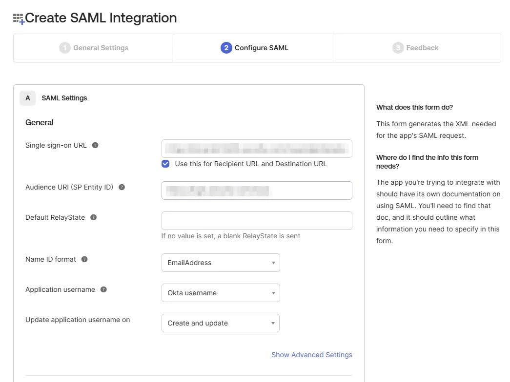 Configure SAML step of the Create SAML Integration process inside Okta Admin Console
