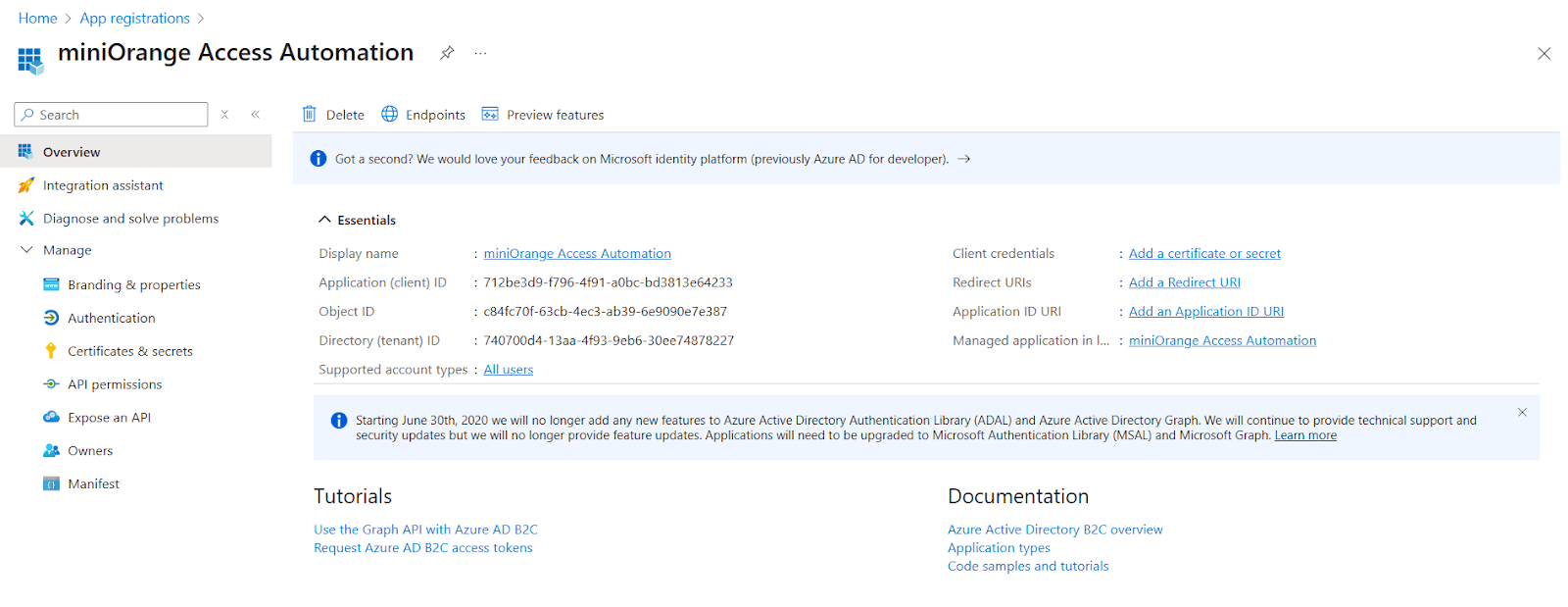 App overview section that lists all essential details such as Client ID and Tenant ID