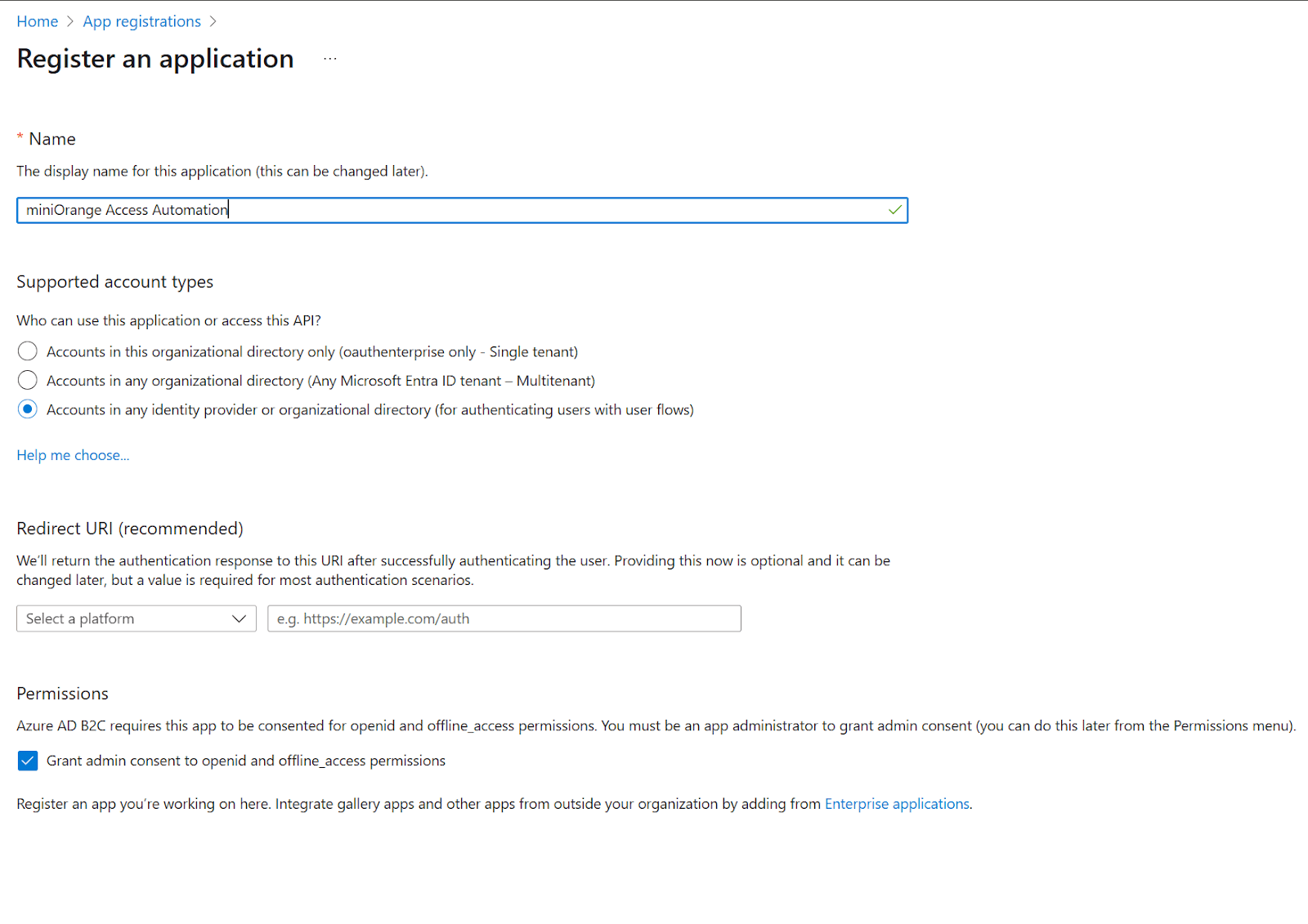 App registrations form inside the Azure Portal