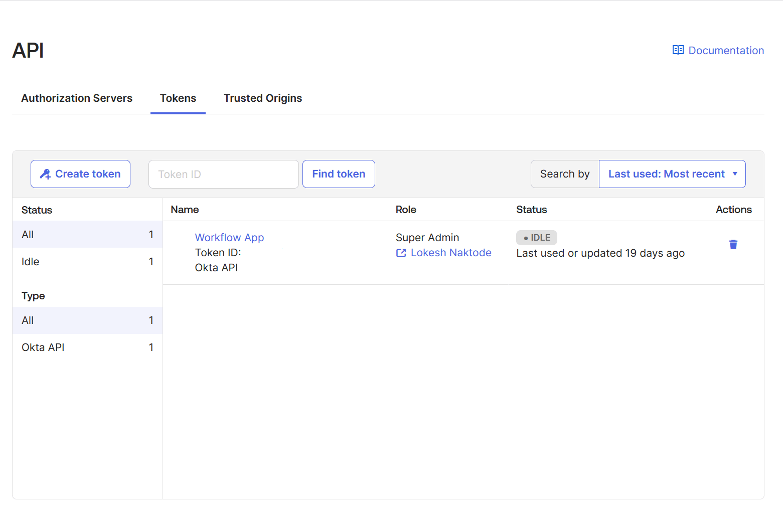 The API window of the Okta Admin Console with the Token tab opened