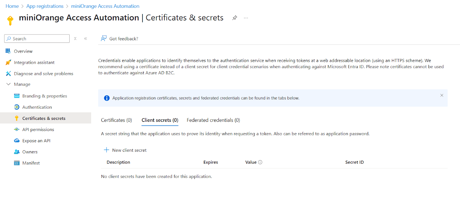 The Certificates & secrets tab inside the miniOrange Access Automation app