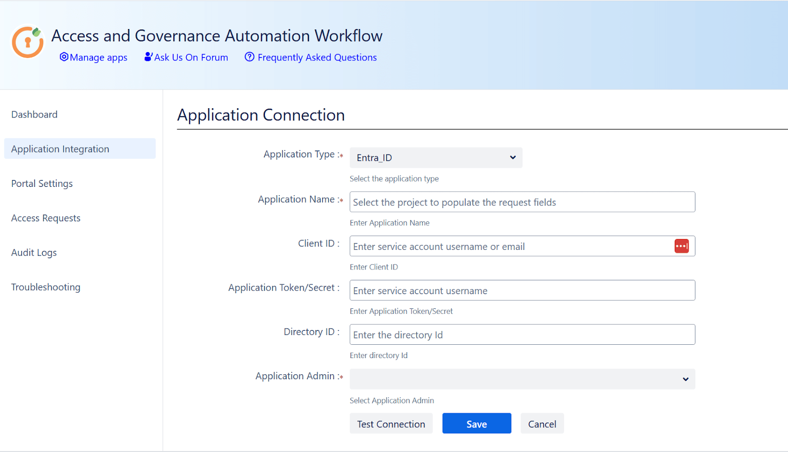 Application Connection form to help you connect the Workflow app with Entra ID