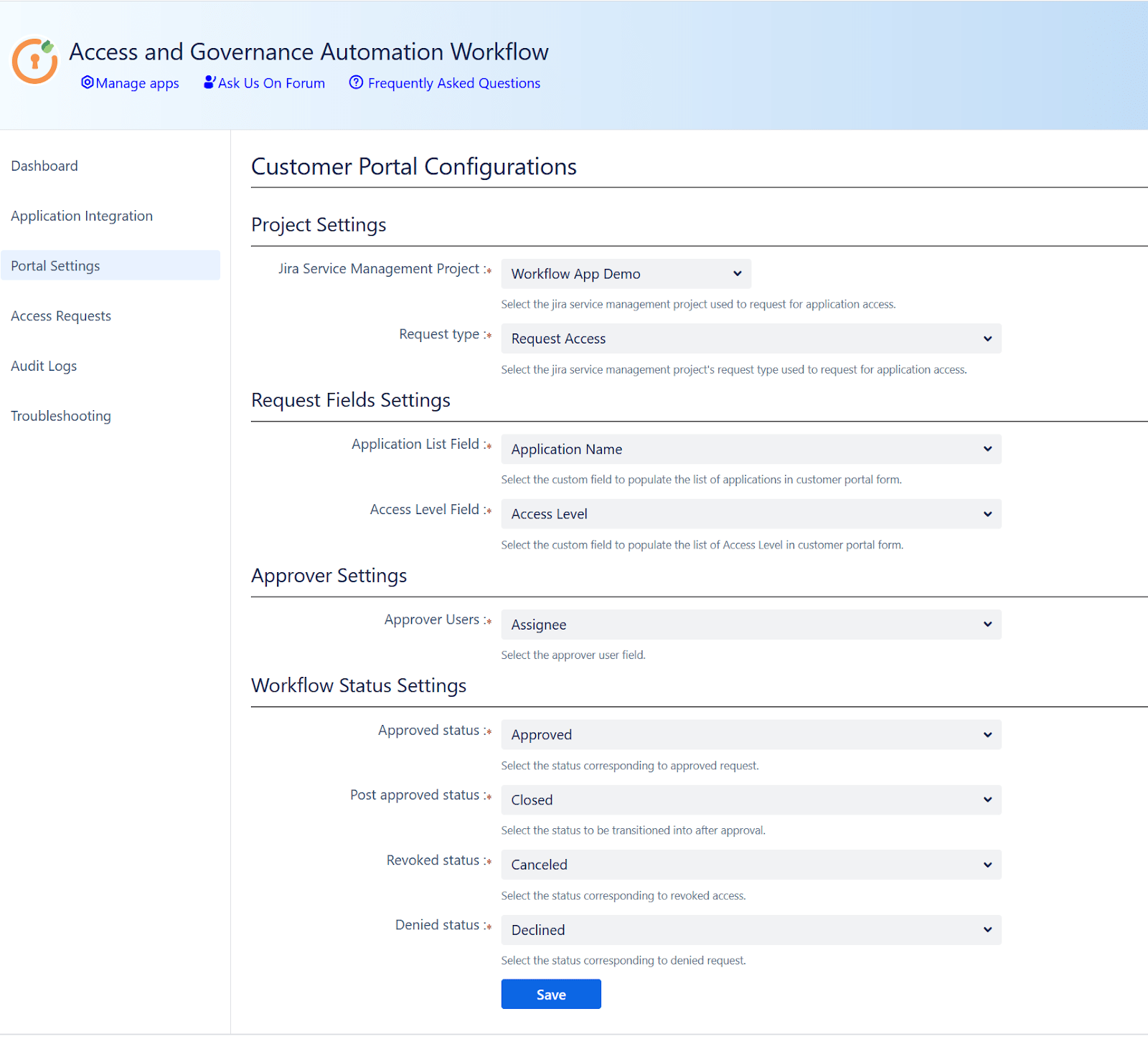 Customer Portal Configurations window in the Access Governance Automation App