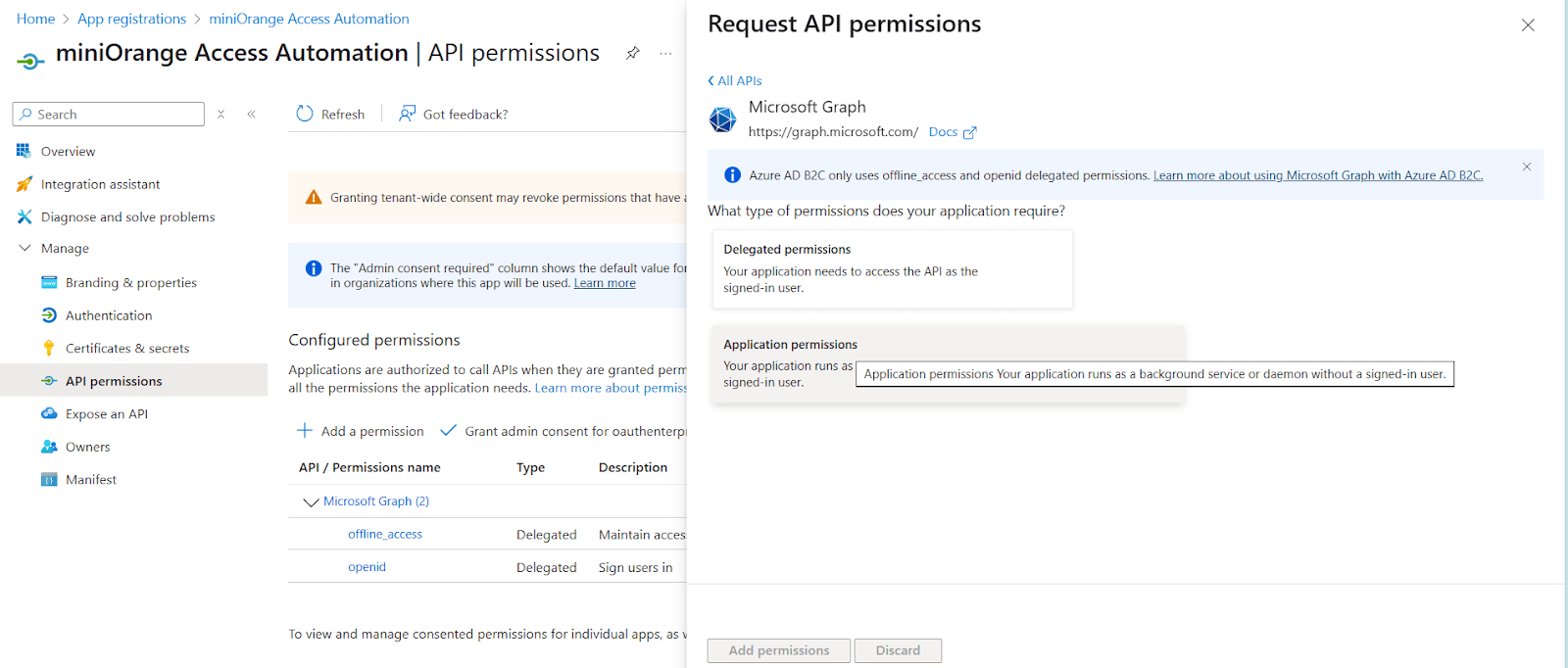 The API permissions tab inside the miniOrange Access Automation app