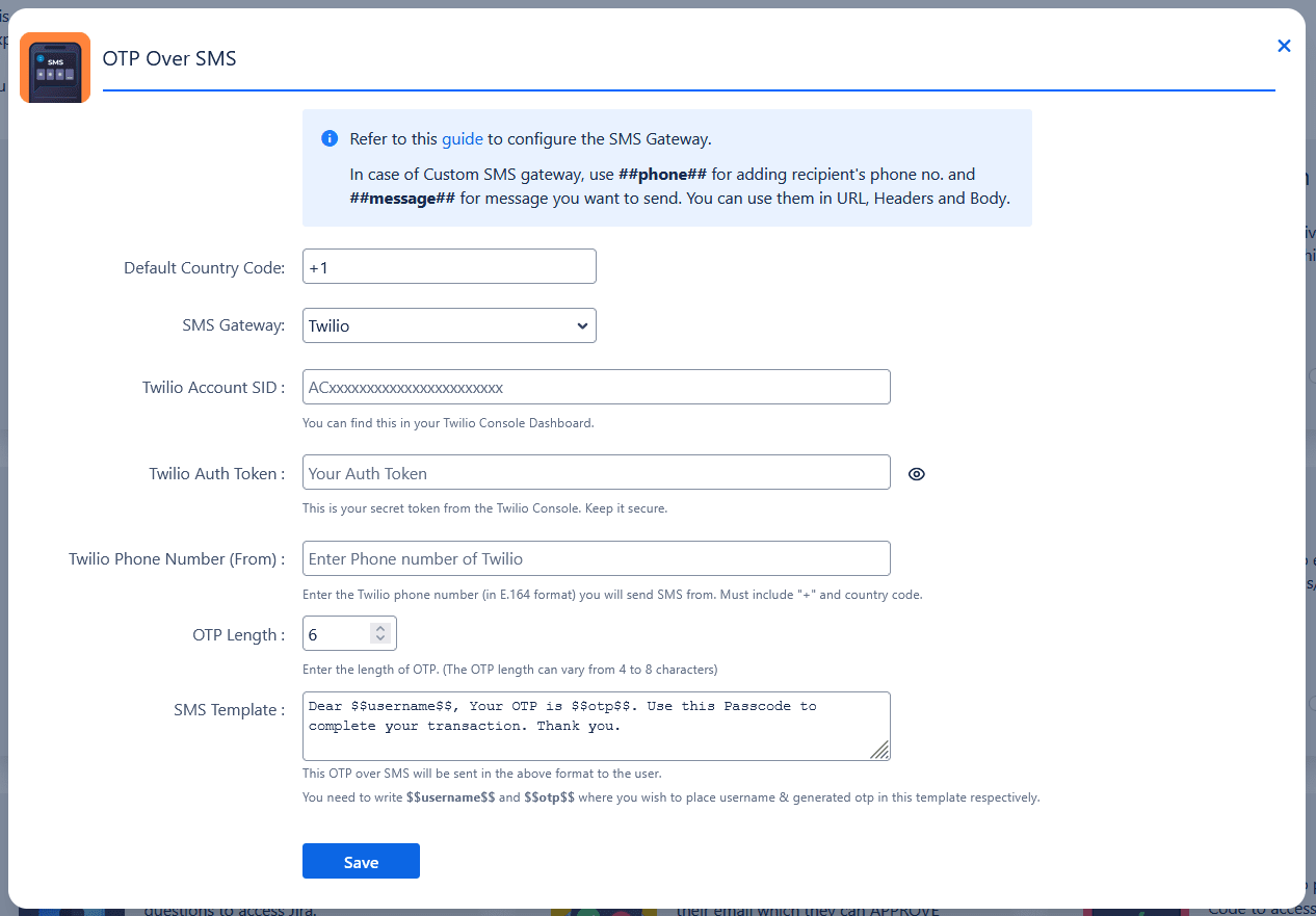 OTP Over SMS settings twilio