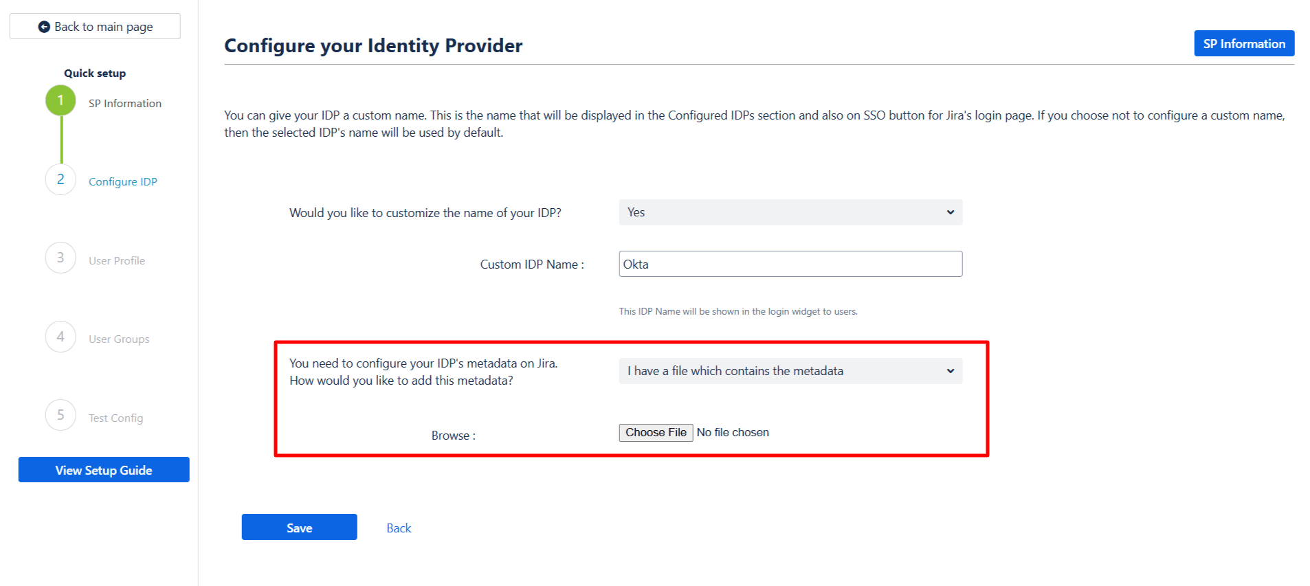 saml single sign on sso into Jira, Quick Setup sp metadata url