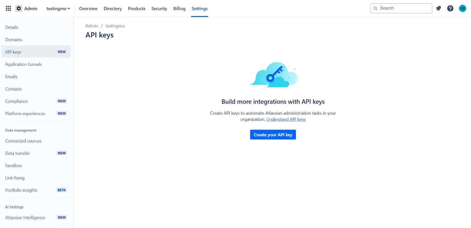 API keys section inside the Settings tab of the Atlassian admin console