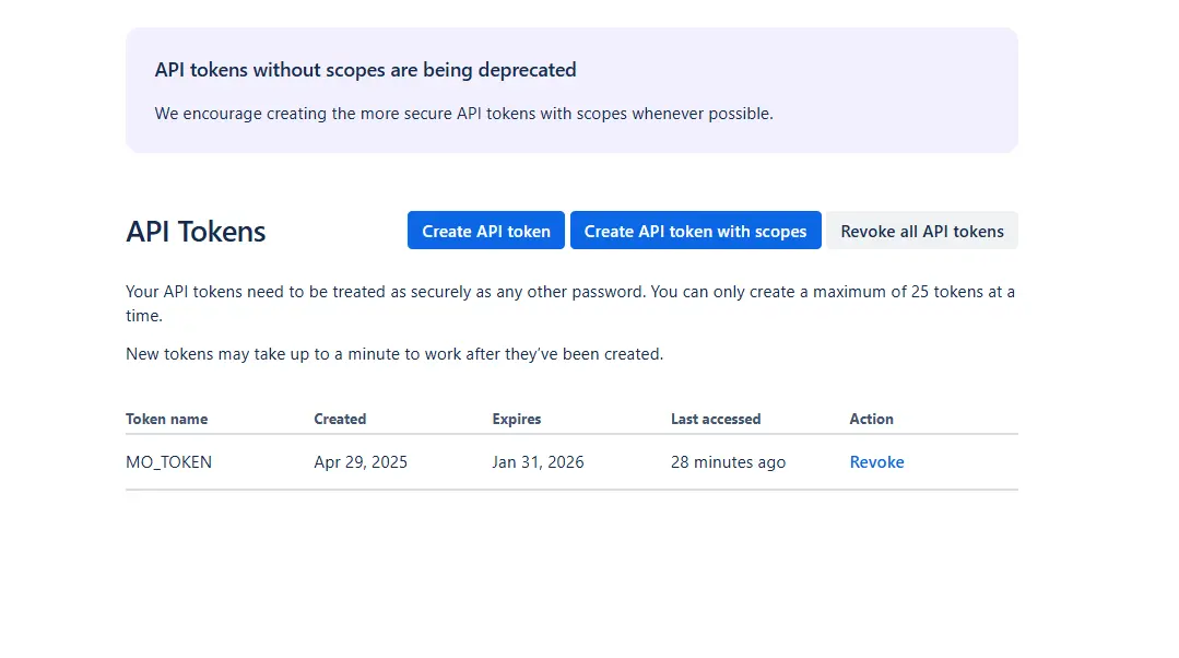 API Token Setup section in Jira Admin Settings