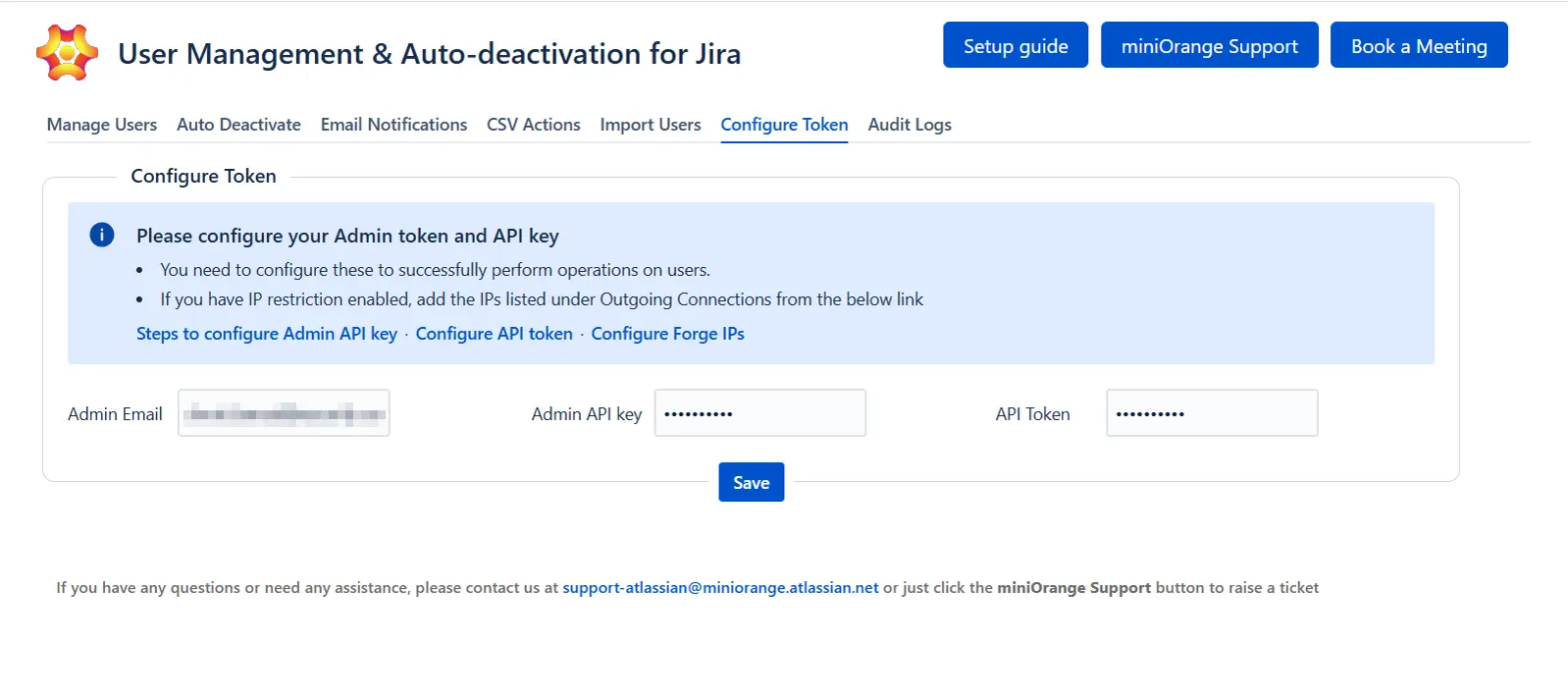 The Configure Token tab inside the miniOrange Automated User Management app