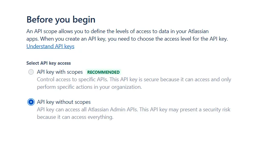 Dialog box for creating the key with the API key without scopes option selected