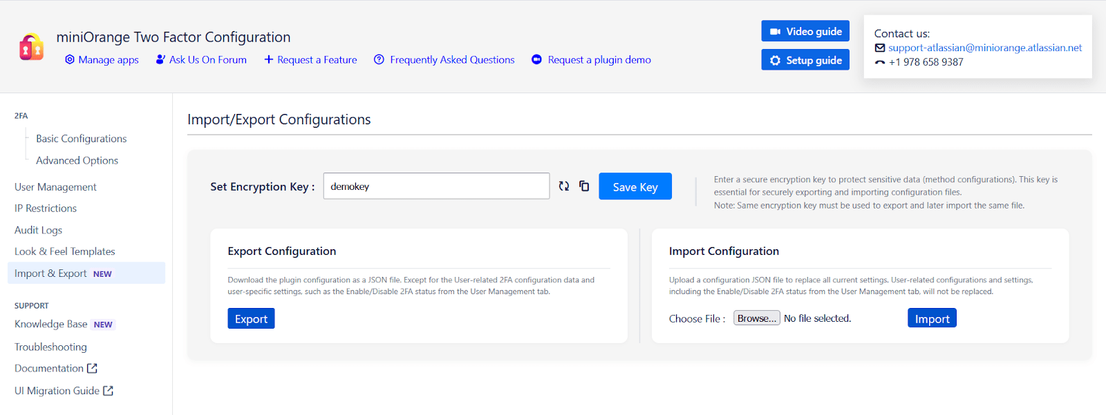 The Import/Export Configurations tab inside the miniOrange Two Factor Configuration app