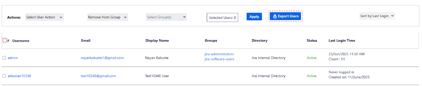 Setup Bulk User Management fo Jira, Bulk action management to export users