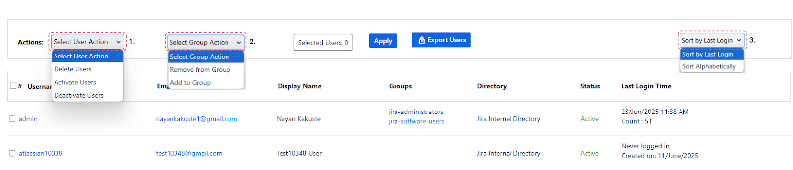 Setup Bulk User Management fo Jira, Bulk action management to select user and group action