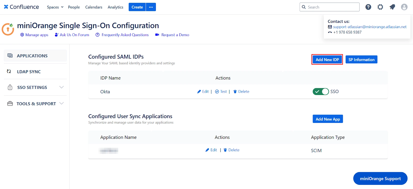 Dashboard of the miniOrange SAML SSO app for Confluence with the Add New IDP button highlighted