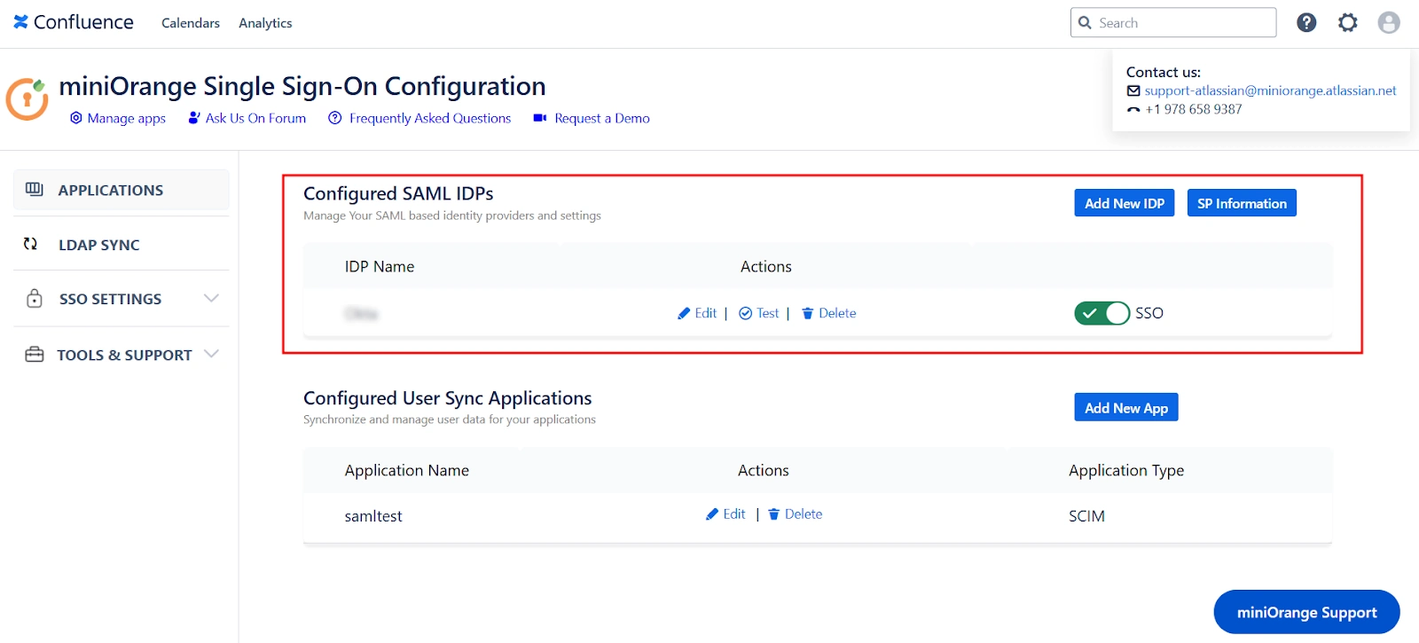 the miniOrange SAML SSO + SCIM app's main dashboard with the section for adding multiple IDPs highlighted