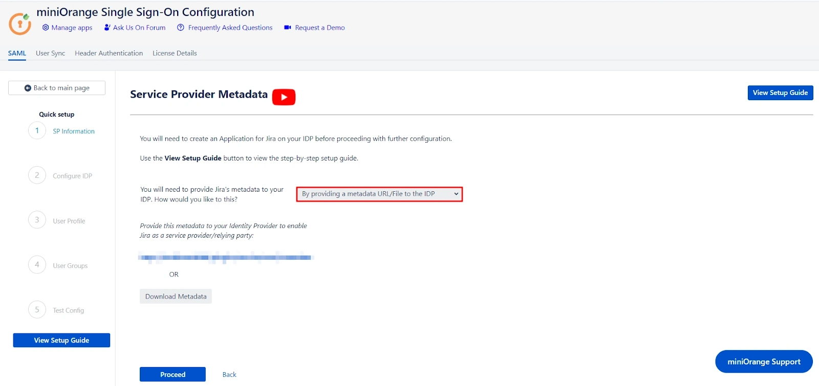 the Service Provider Metadata window inside the miniOrange SAML SSO + SCIM app for Confluence with the By providing a metadata URL/File to the IDP option highlighted