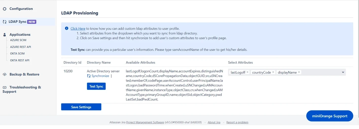 LDAP Provisioning window  sync inside the LDAP Sync tab of the miniOrange SAML + SCIM app