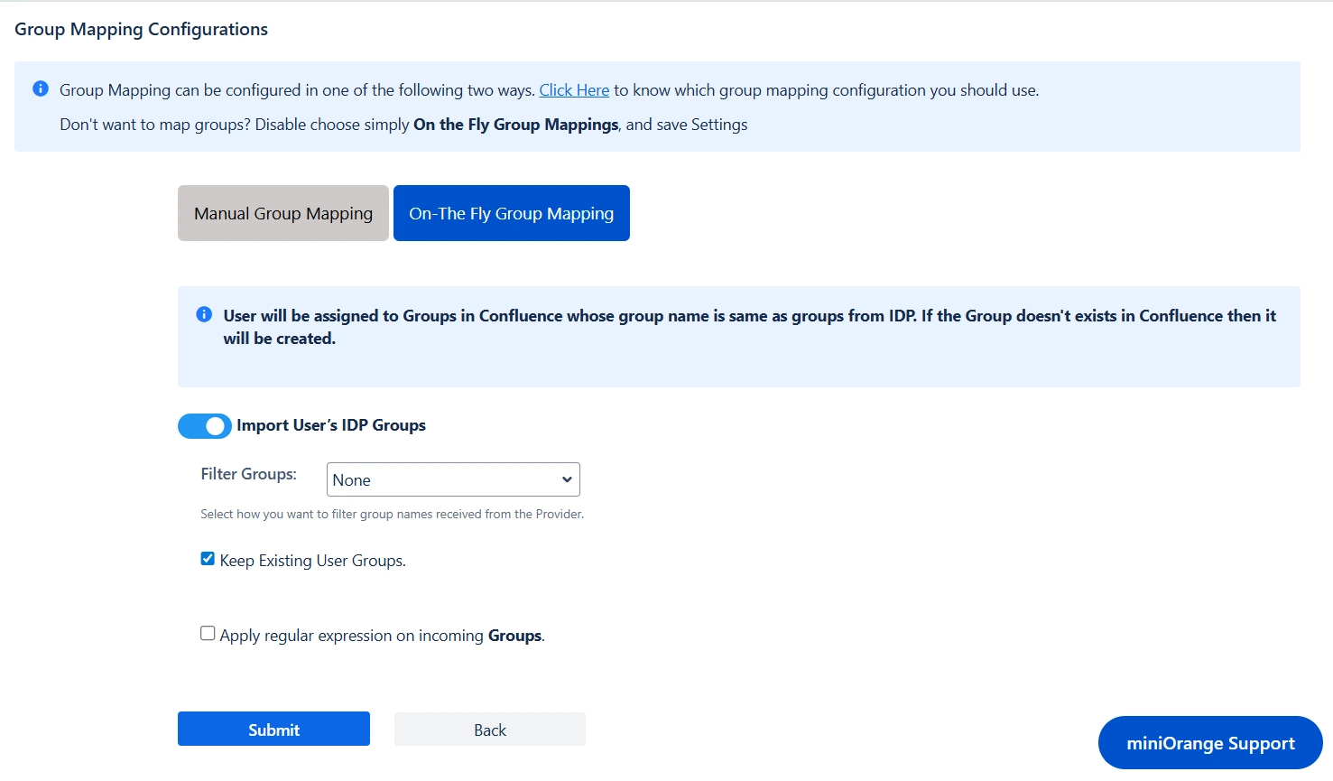 On-The Fly Group Mapping section inside the Group Settings section of the miniOrange SCIM + SAML app