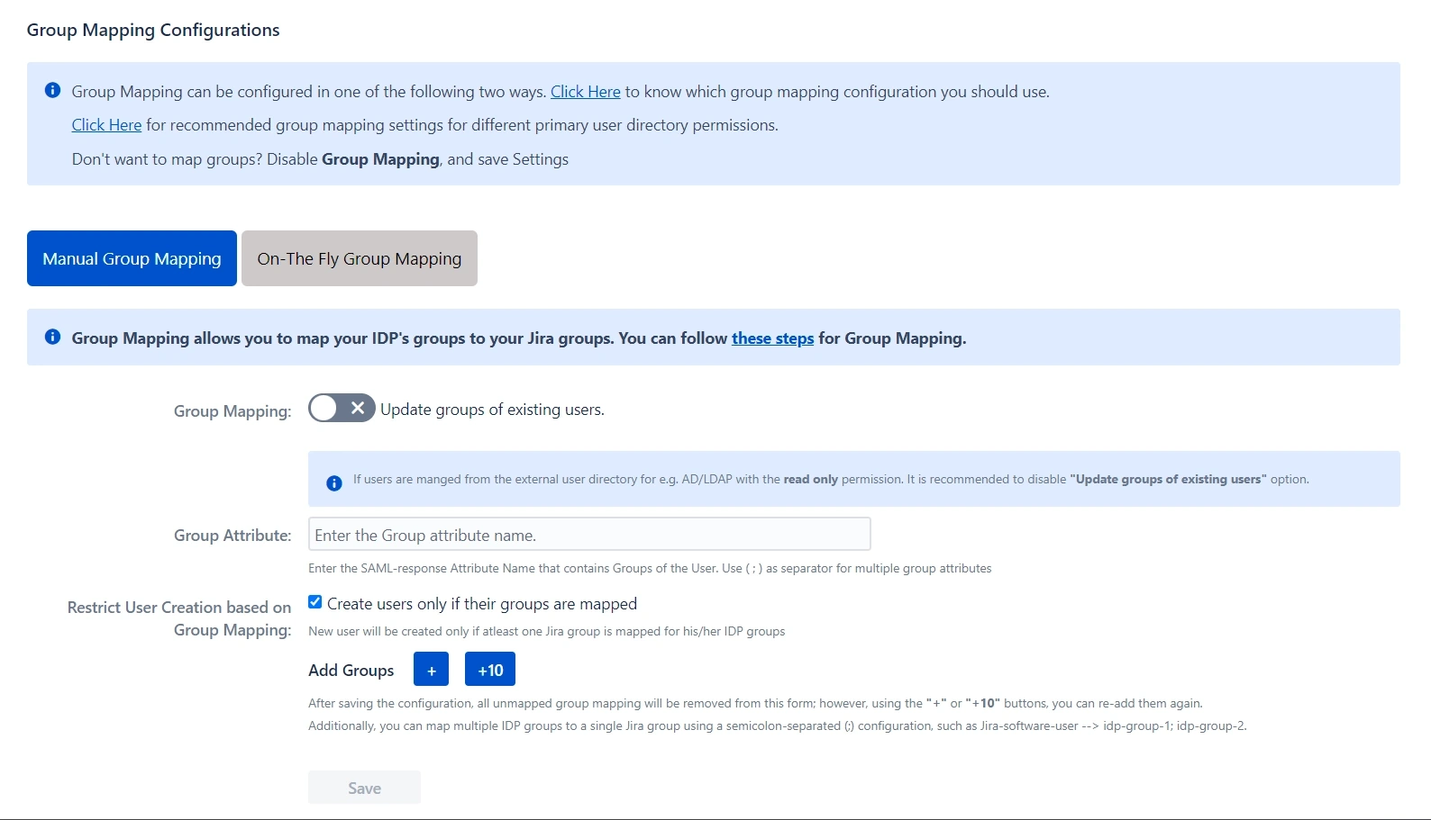 the miniOrange SAML SSO + SCIM app with the Manual Group Mapping tab active