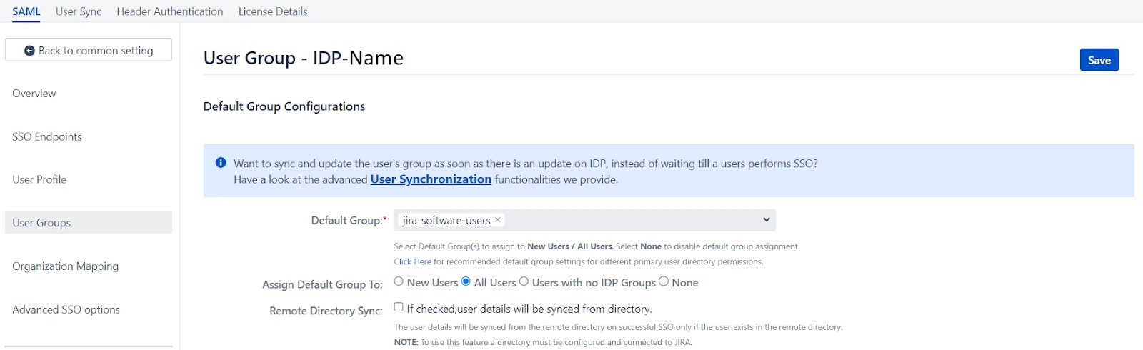the User Group section inside the miniOrange SAML SSO + SCIM app with the Default Group Configuration tab active