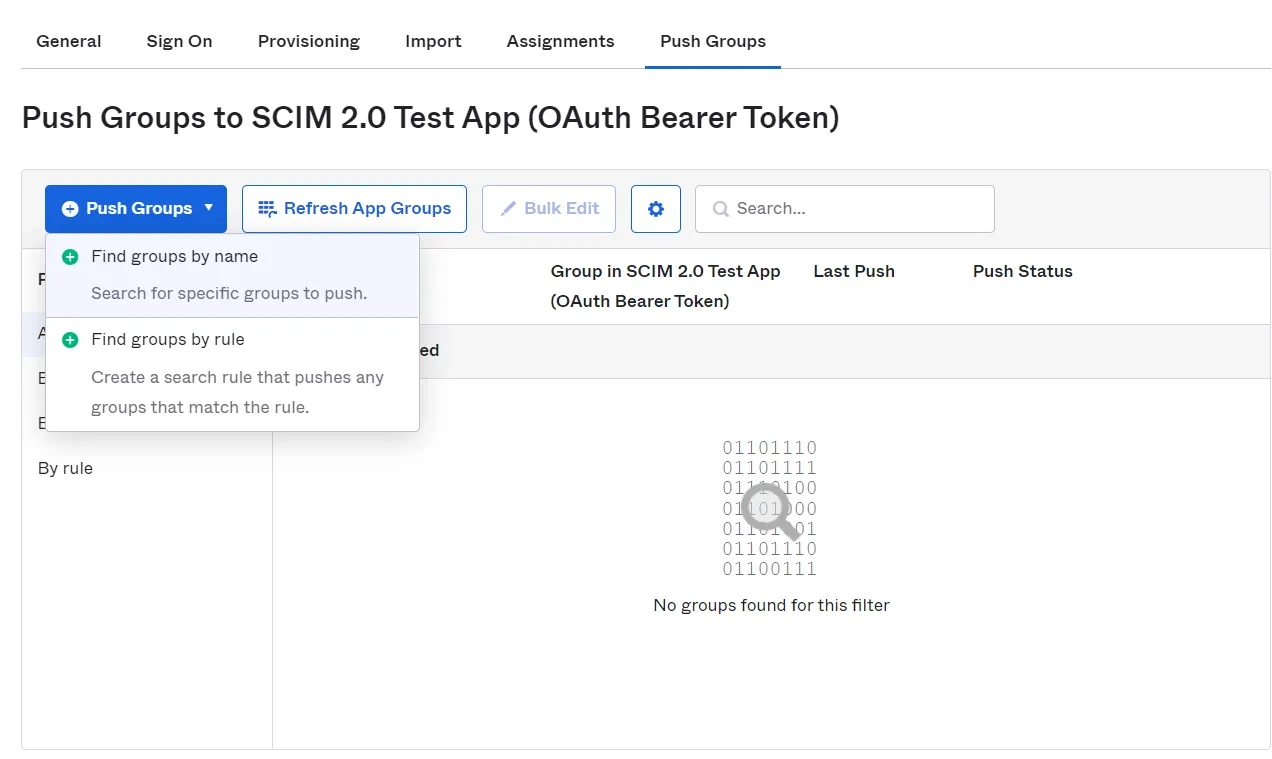 the Push Groups tab inside Okta app with the Push Groups drop down box expanded