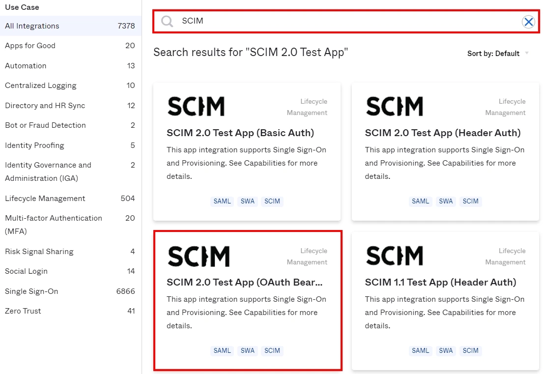 Okta's app catalog with the Search Bar and SCIM 2.0 Test App (Bearer Token) application highlighted
