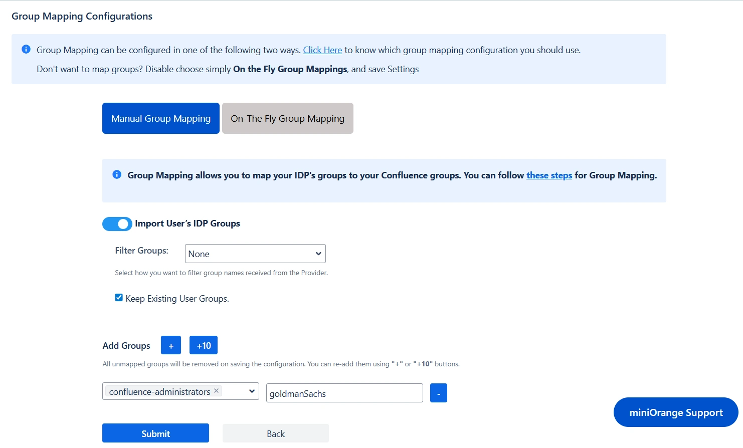 Manual Group Mapping section inside the Group Settings section of the miniOrange SCIM + SAML app