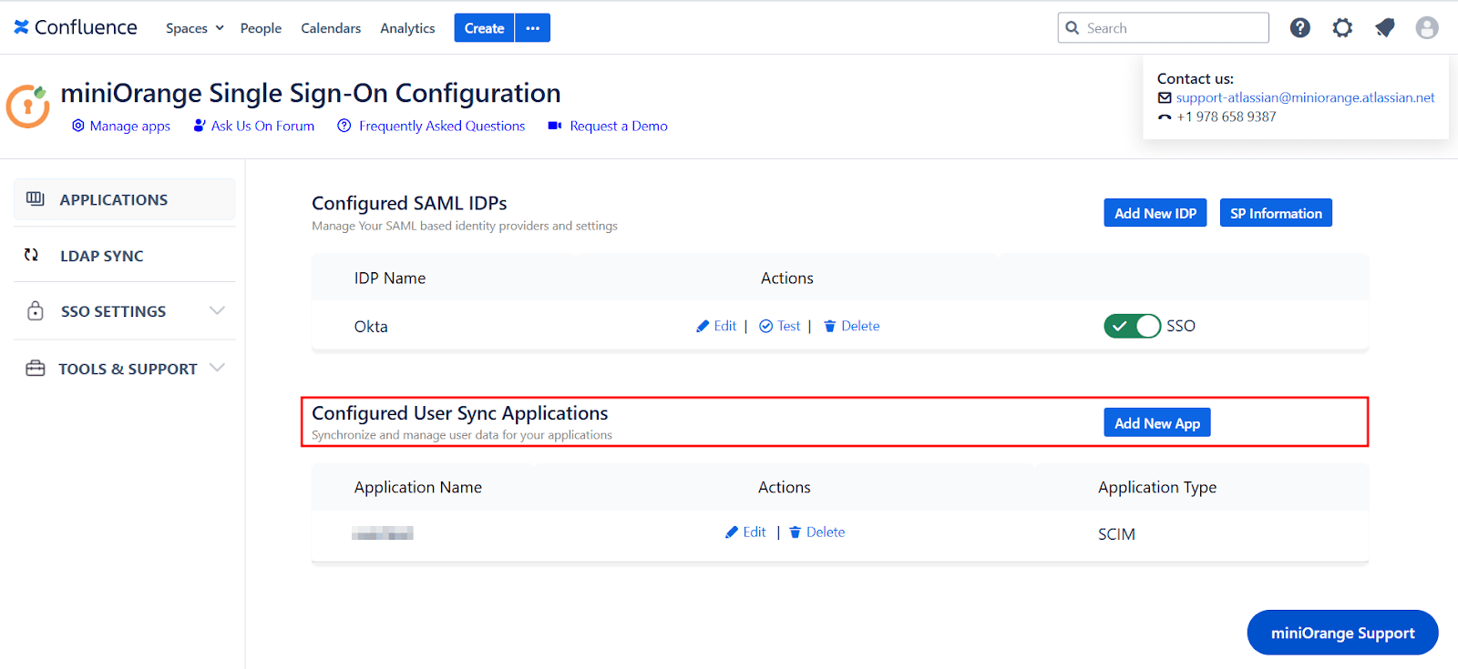miniOrange SAML + SCIM Bundle app's Applications section with the SCIM (User Sync) section highlighted
