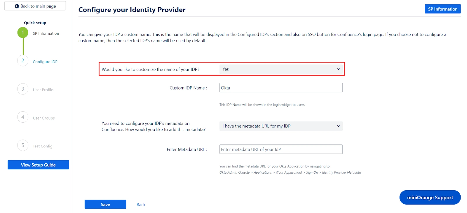 Steps for configuring your IDP in the miniOrange SAML SSO + SCIM app for Confluence with the option for customizing the name of your IDP highlighted