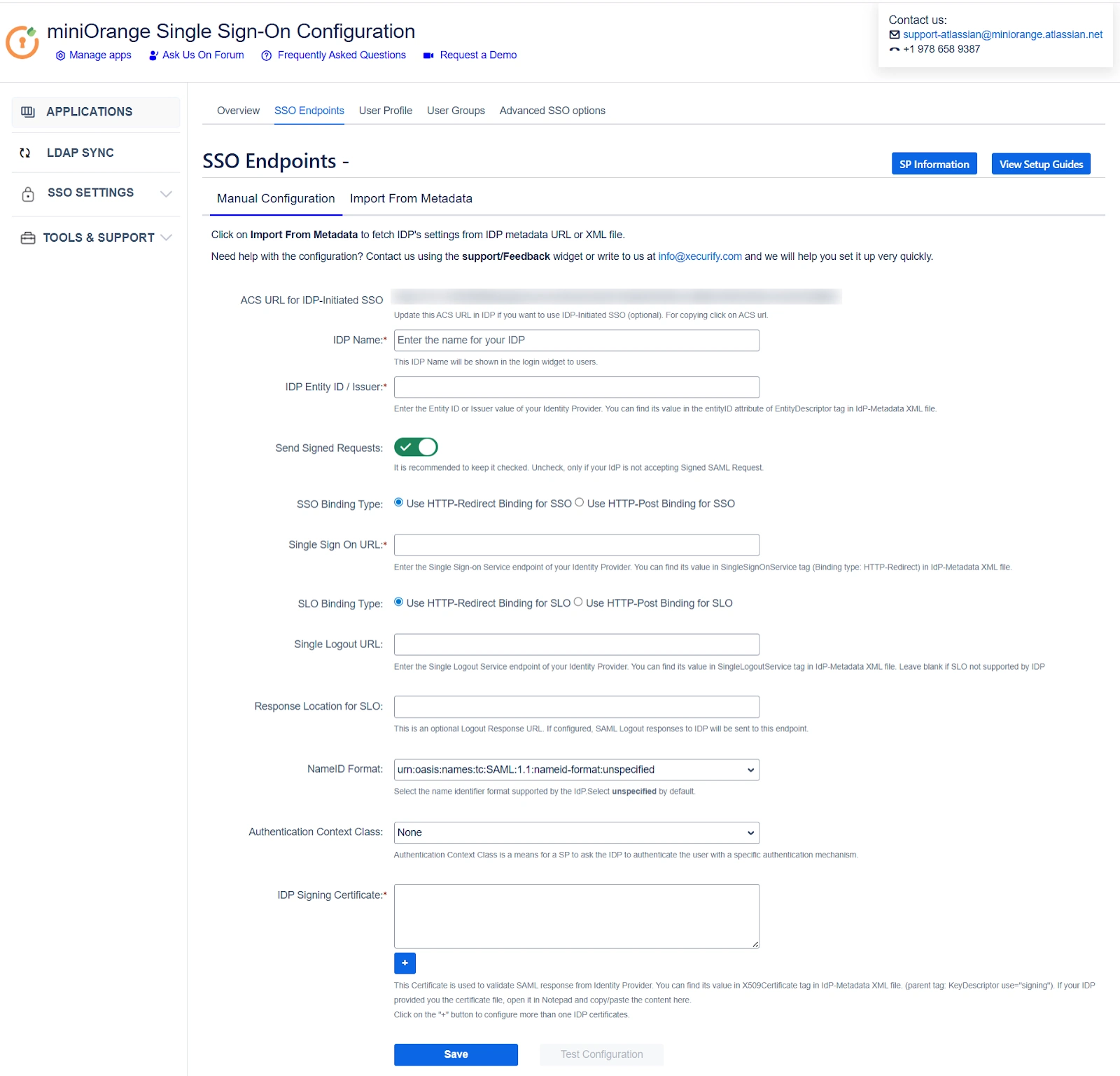 miniOrange SAML SSO + SCIM app's SSO Endpoints section with the Manual Configuration tab active
