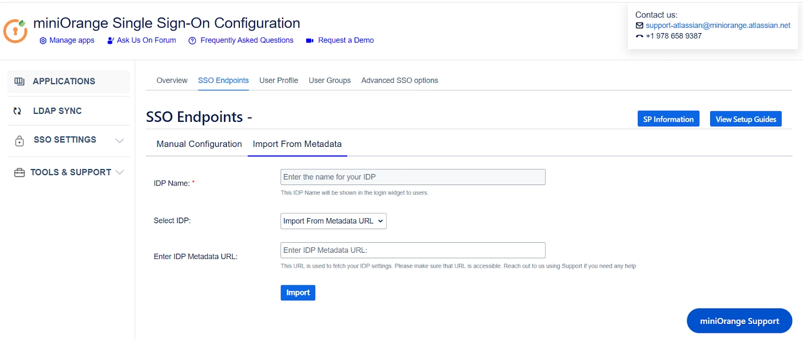 the SSO Endpoints section inside the miniOrange SAML SSO + SCIM app with the Import From Metadata tab active and the Import from Metadata URL option selected