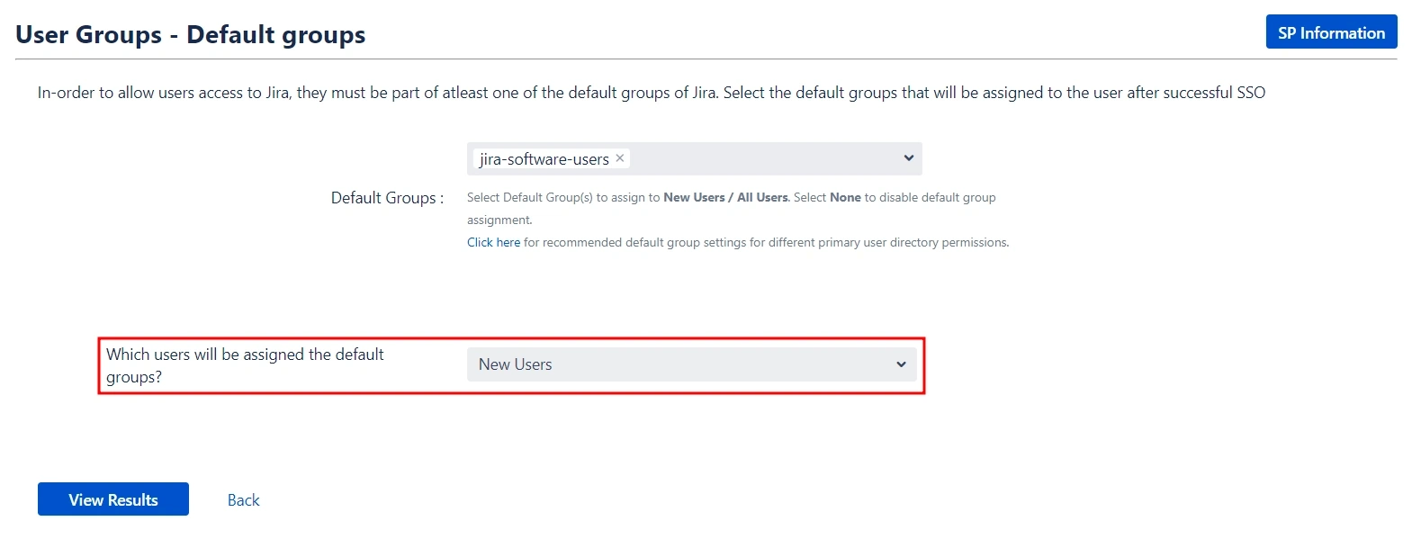 the User Group configuration step of the Quick Setup process with the option for specifying which users will be assigned to default groups highlighted