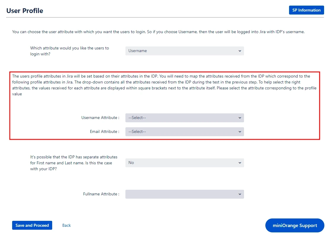 the User Profile configuration step of the Quick Setup process with the section for setting profile attributes highlighted