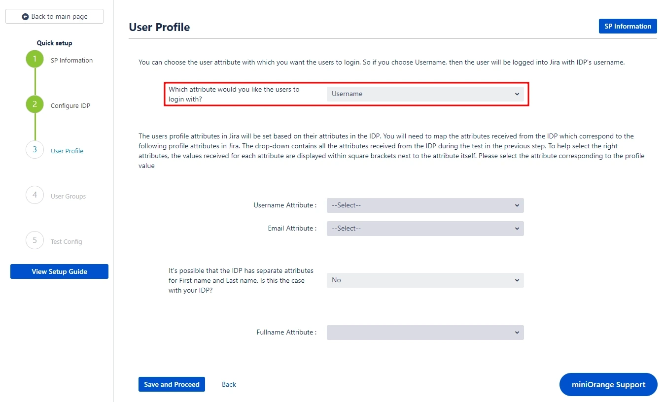The User Profile step in the Quick Setup process where you specify which attribute value will be used to locate the corresponding user account in Confluence