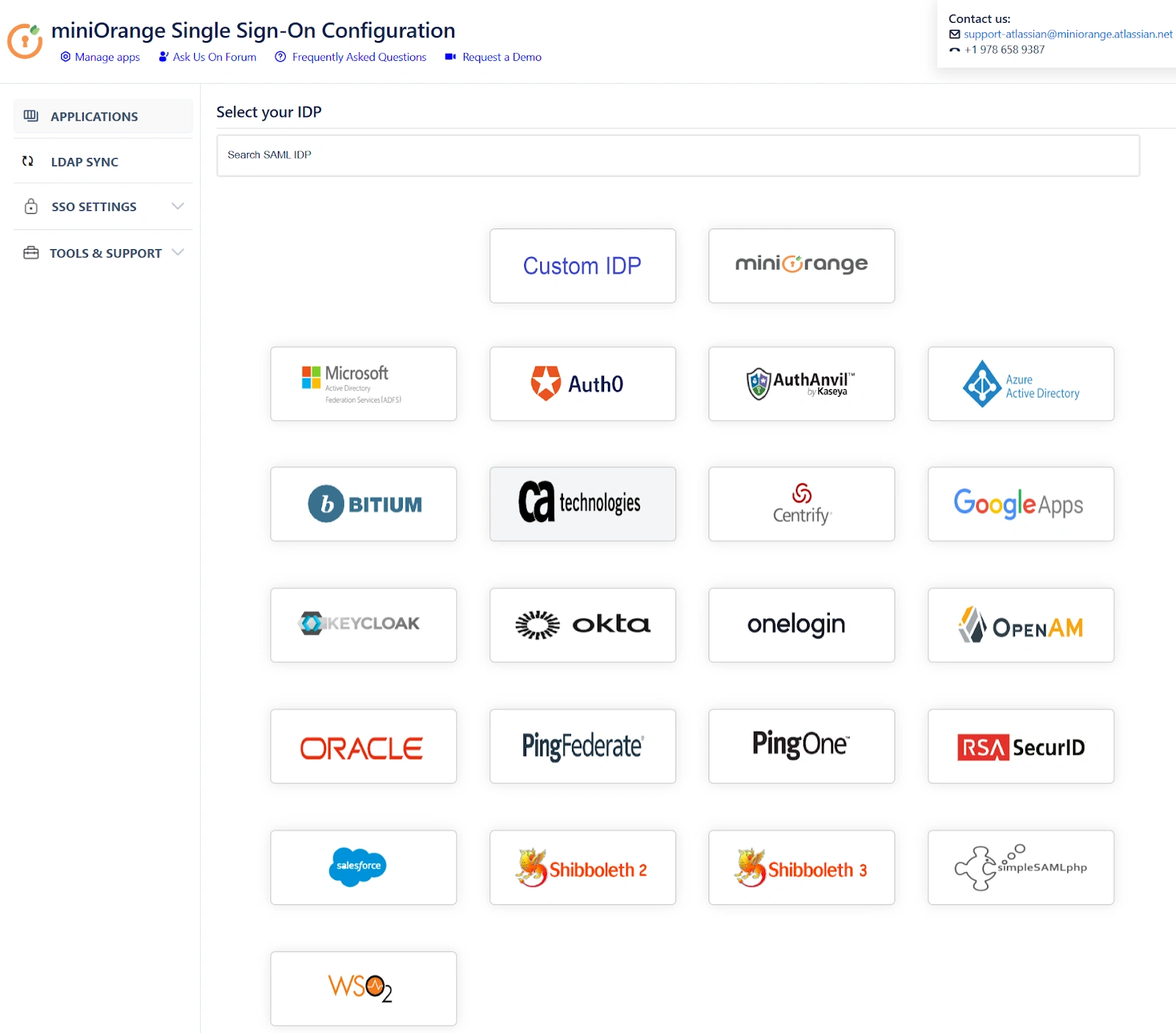 IDP selection screen inside the miniOrange SAML SSO + SCIM app for Confluence