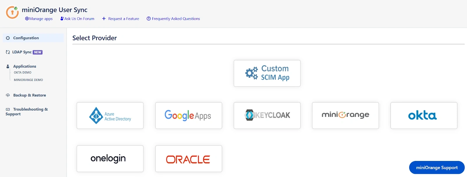 miniOrange SCIM app's provider selection window