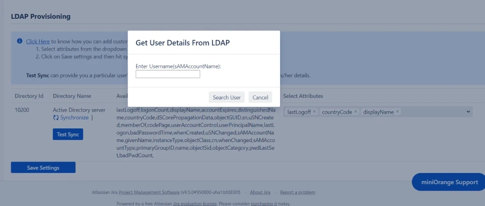 the Get User Details From LDAP popup that appears after you click on the Test Sync button