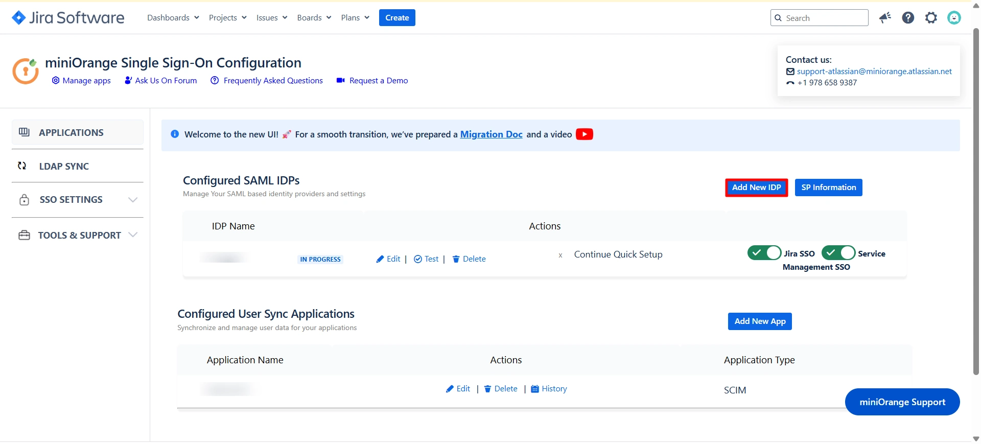 Dashboard of the miniOrange SAML SSO app for Jira with the Add New IDP button highlighted