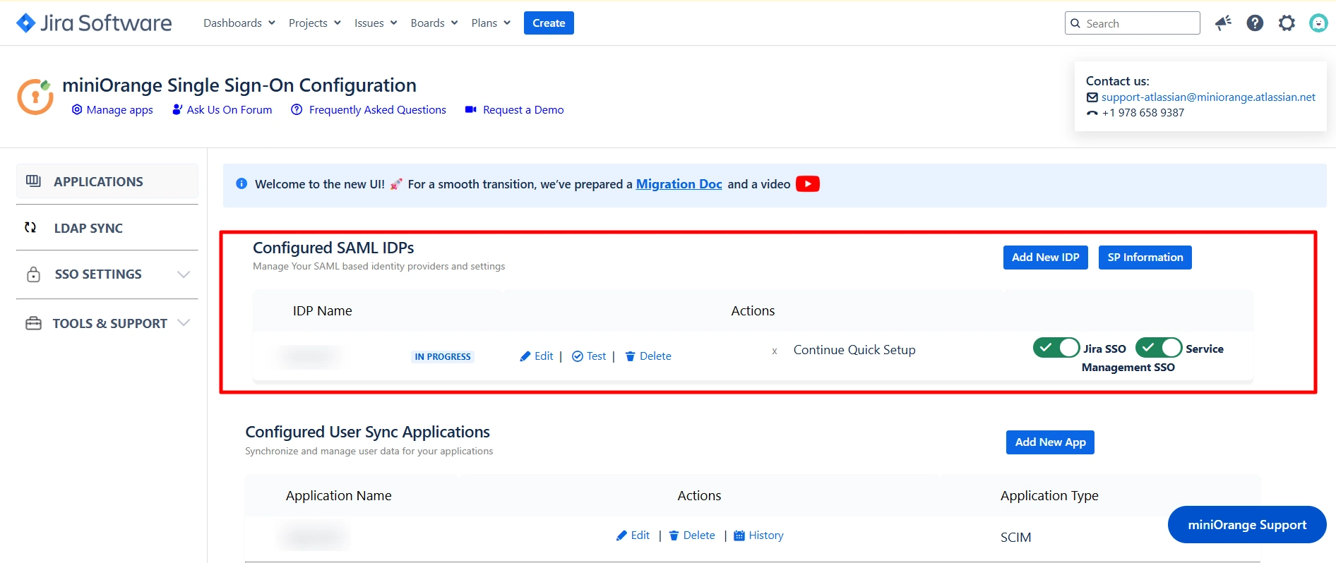 the miniOrange SAML SSO + SCIM app's main dashboard with the section for adding multiple IDPs highlighted