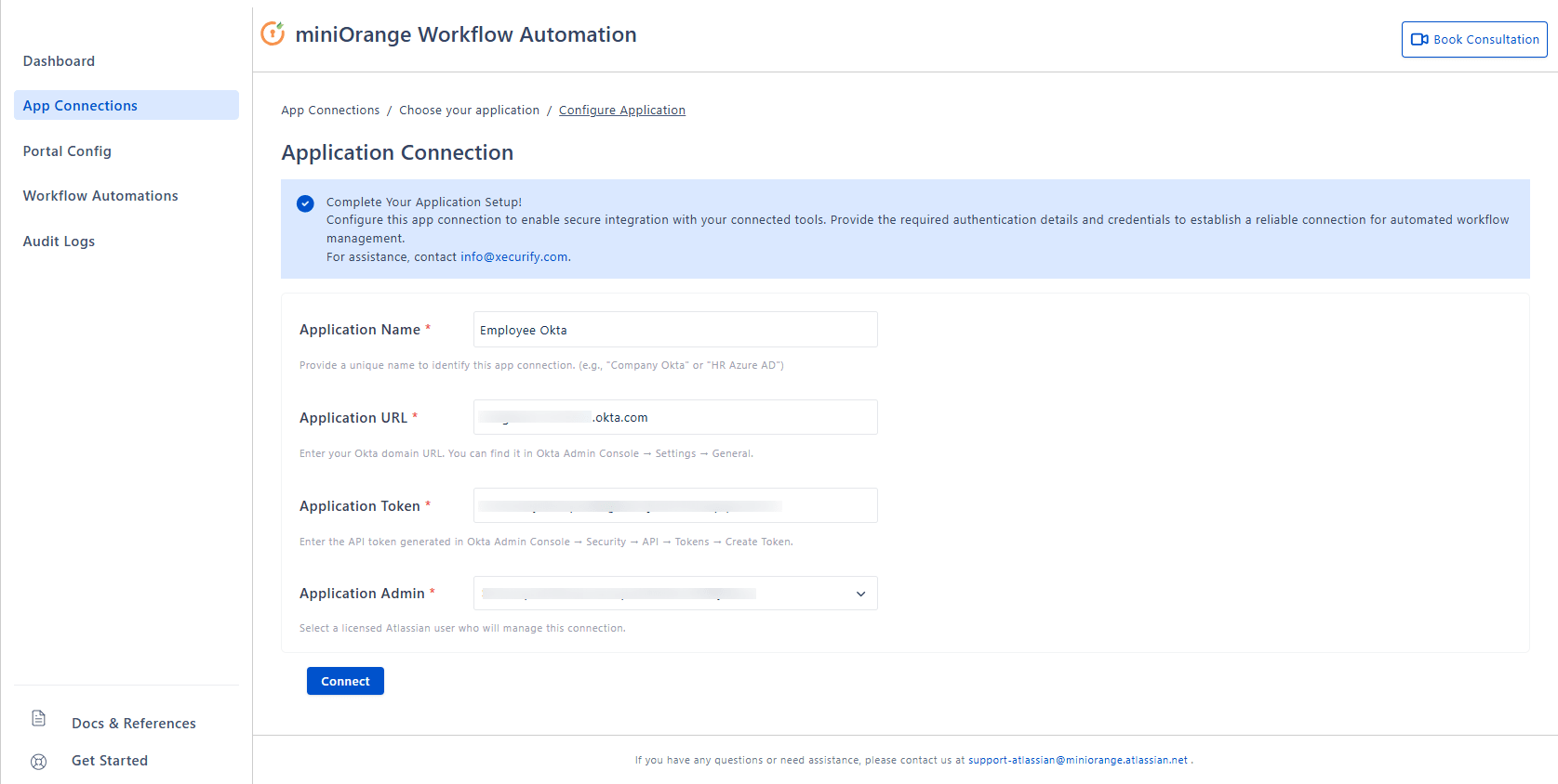 Application Connection form to help you connect the Workflow app with Okta