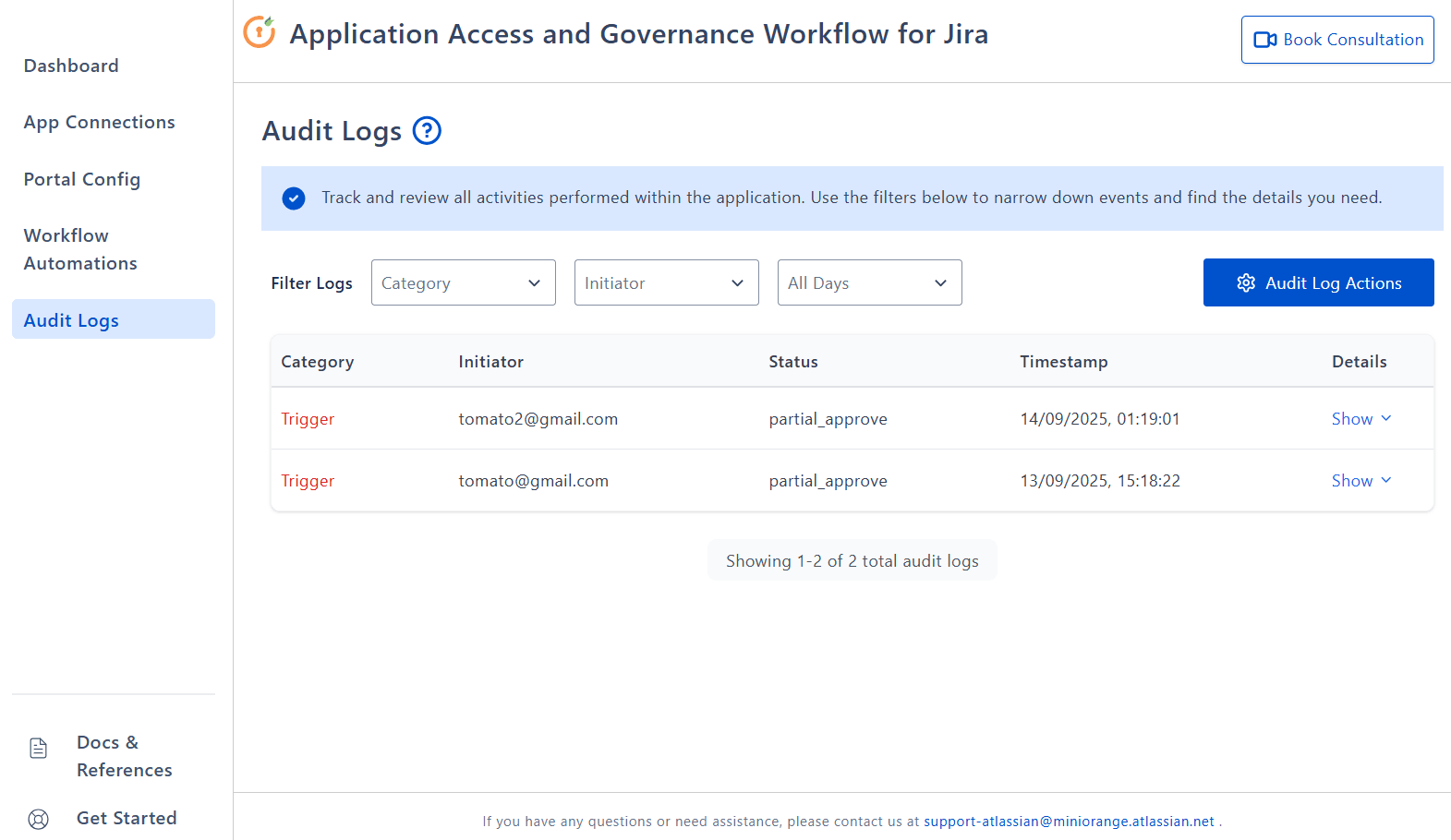 The Audit Logs window inside the miniOrange Access Governance app