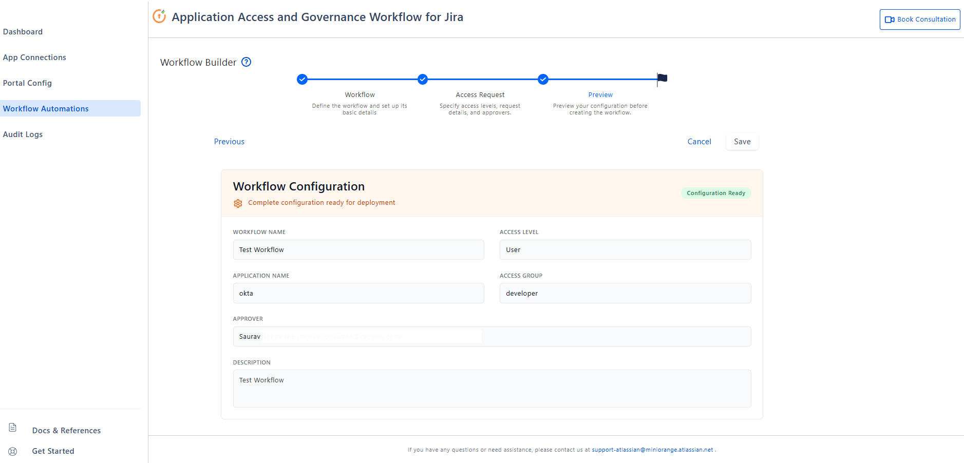 The Workflow Builder Preview window inside the miniOrange Access Governance app