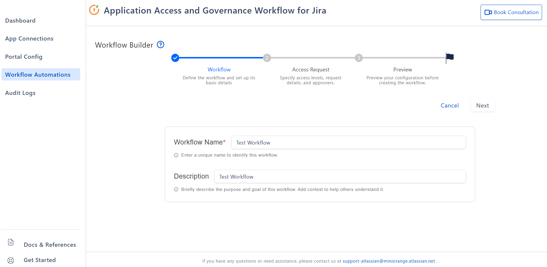 The Workflow Builder Workflow window inside the miniOrange Access Governance app