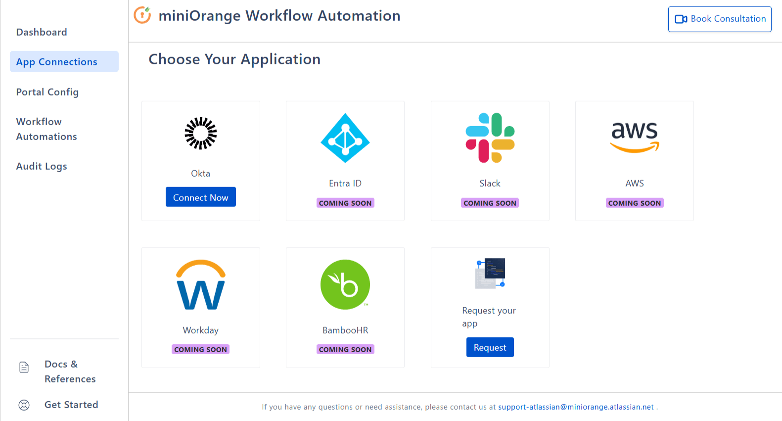 Application Connections window with app connection options